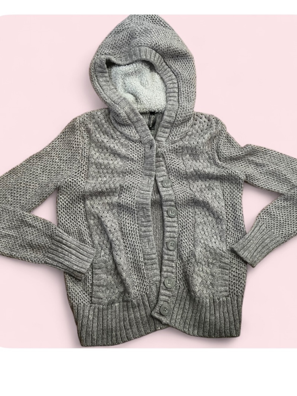 Gray Hooded Cable-Knit Button Sweater